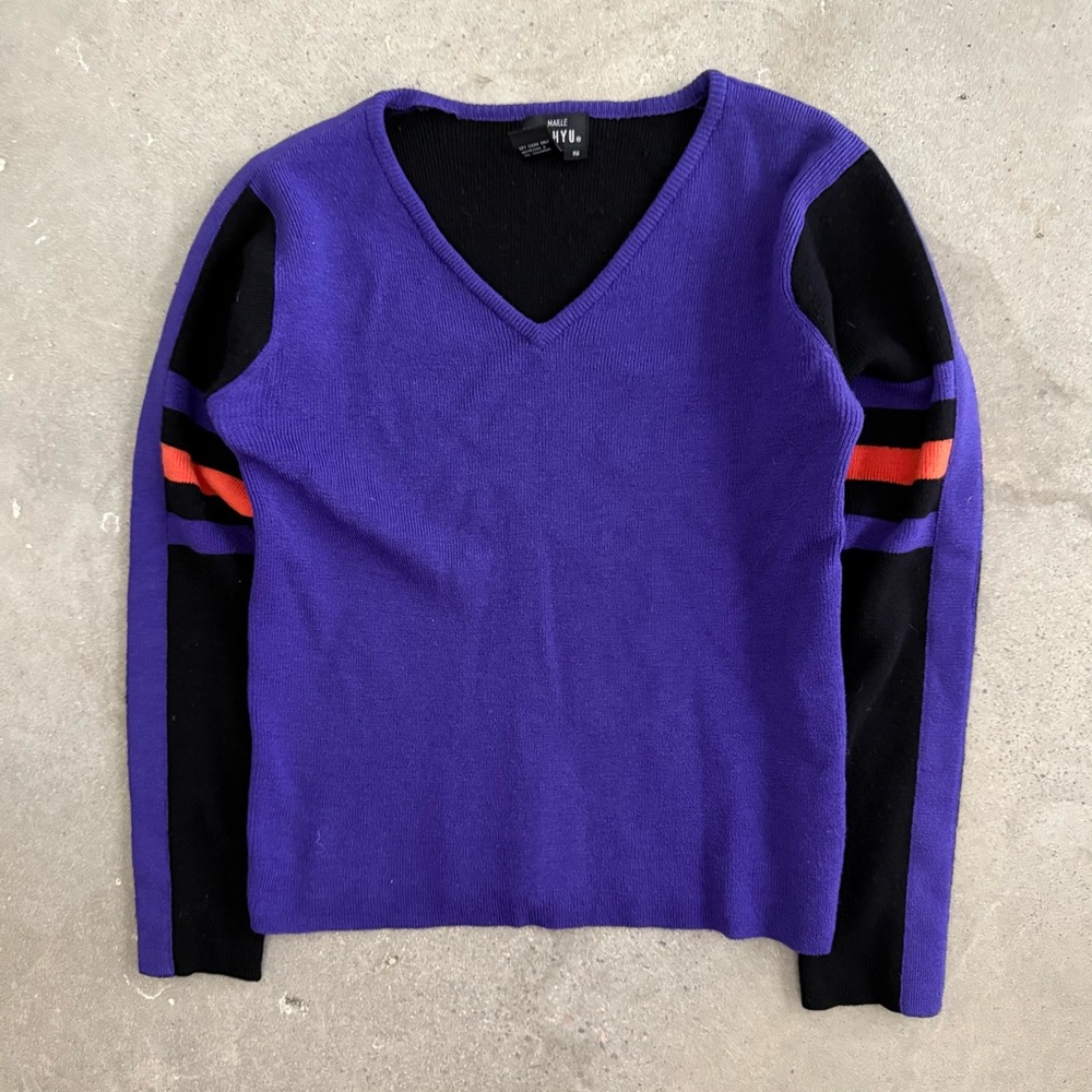 Purple V-Neck Sweater with Black and Orange Stripes long Sleeve Size S